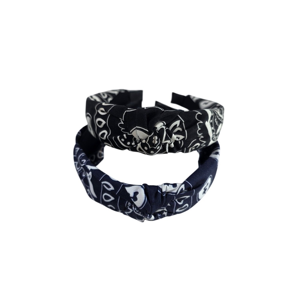 Lot of 2 Bandana Paisley Knotted Top Headbands Black Navy Blue Hair Accessories
